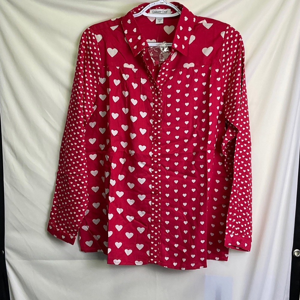 Coldwater Creek Red Blouse with White Heart Print